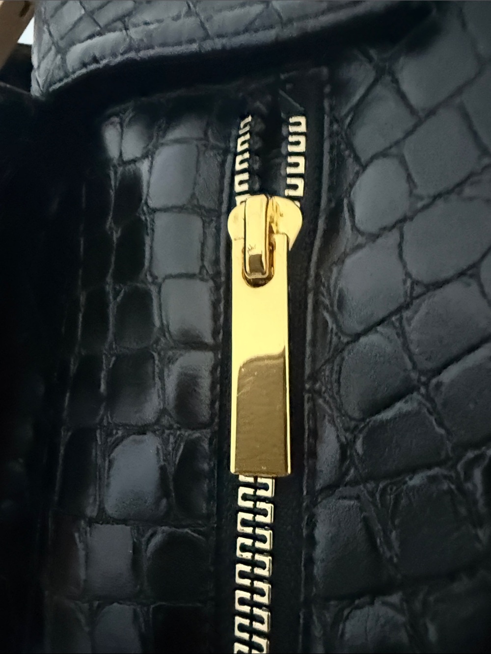 Alice + Olivia Black Croc-Embossed Leather Moto Jacket with Gold Hardware Accent - Picture 4 of 5